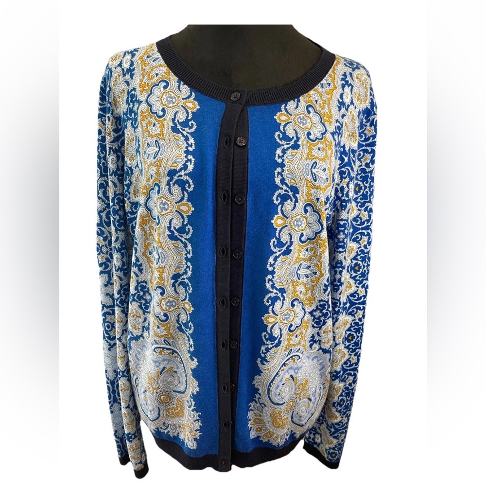 Talbots ladies size large Vintage 90s/Y2K blue paisley cardigan sweater cotton